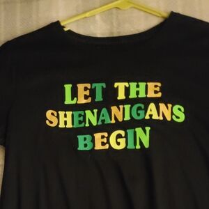 Black T-Shirt "Let The Shenanigans Begin" In Foil Print Size Medium Brand New